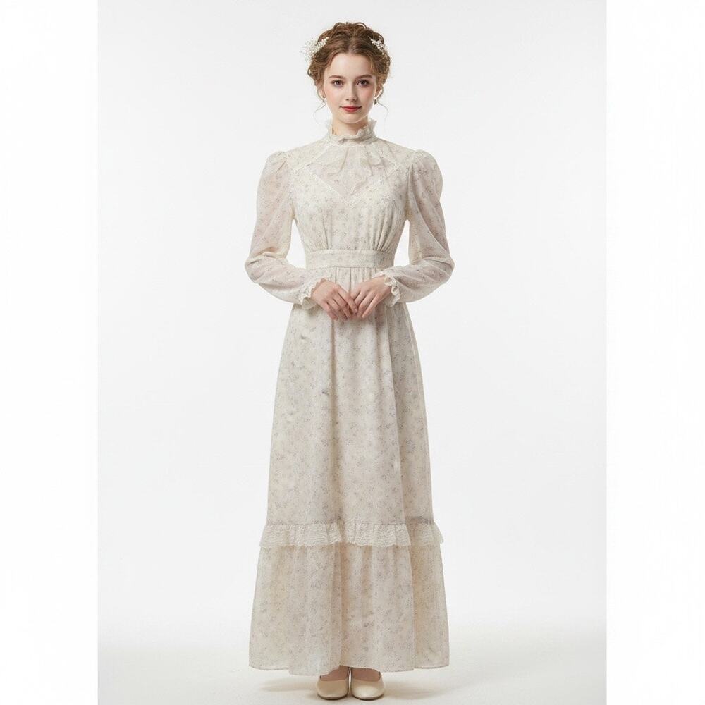 Vintage Prairie Maxi Dress Victorian Lace Floral Mock Neck XS Ren Faire Cottage